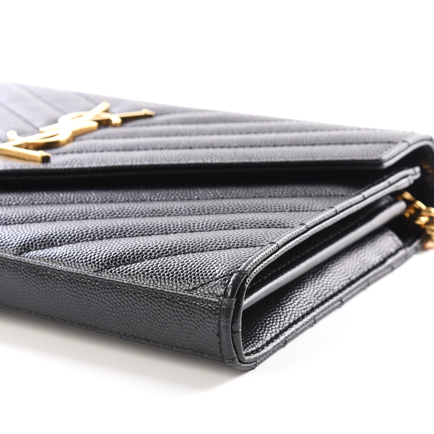 Saint Laurent Grain De Poudre Matelasse Chevron Monogram Chain Wallet Black 6 of 10