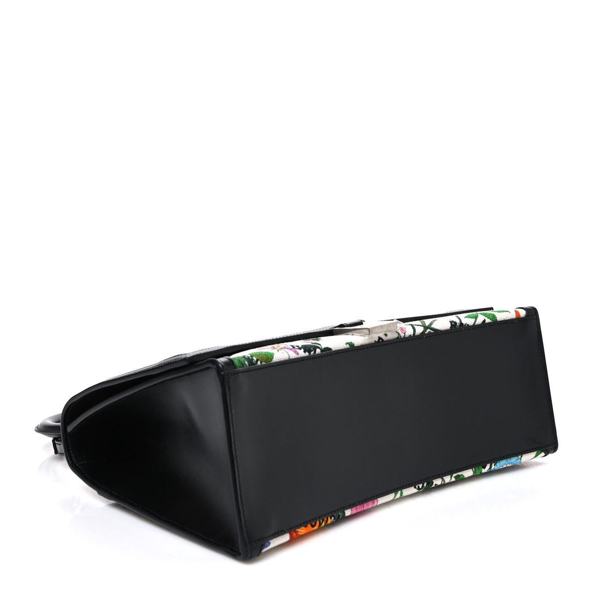 X GUCCI Canvas Boarded Plutone Calfskin Flora Logo Print Medium Hourglass Top Handle Bag White Multicolor Black