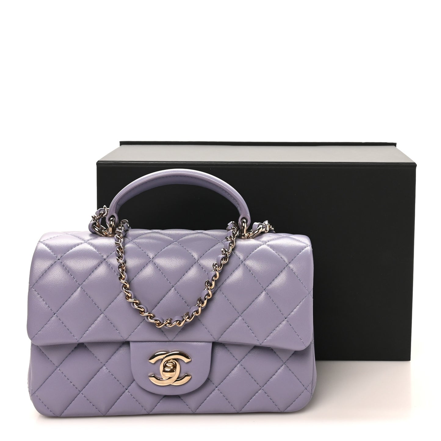 Lambskin Quilted Mini Top Handle Rectangular Flap Light Purple