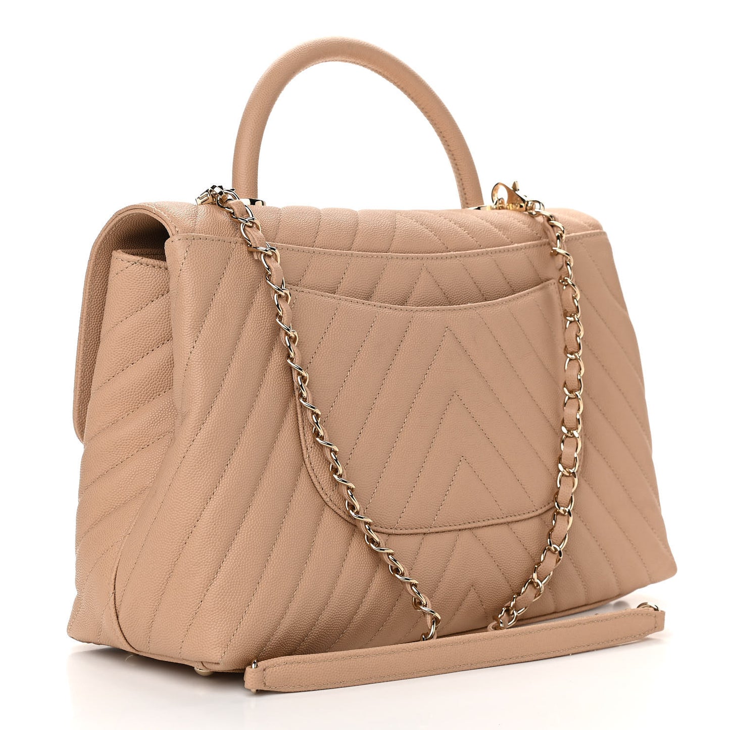 Caviar Chevron Quilted Medium Coco Handle Flap Beige