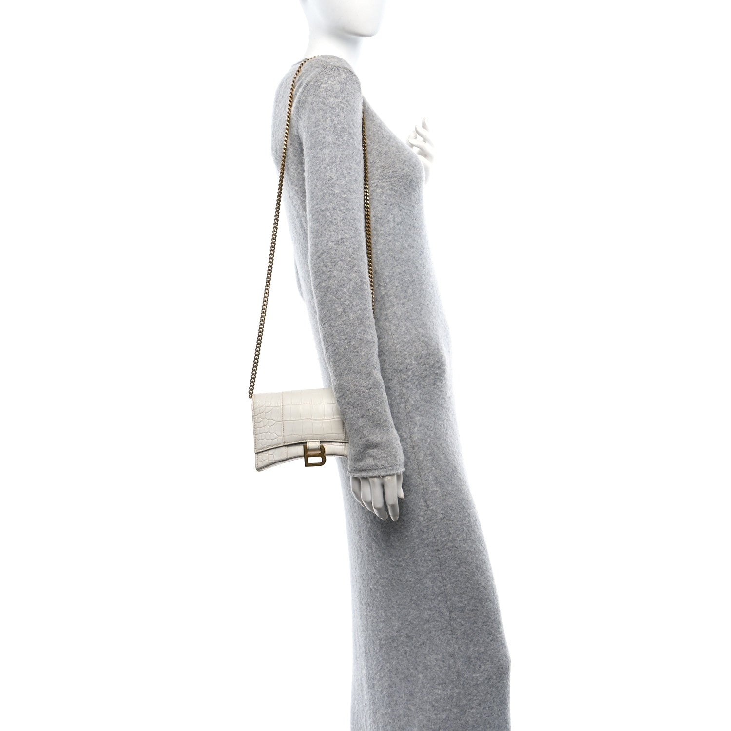 Balenciaga Shiny Calfskin Crocodile Embossed Hourglass Chain Bag White 2 of 10