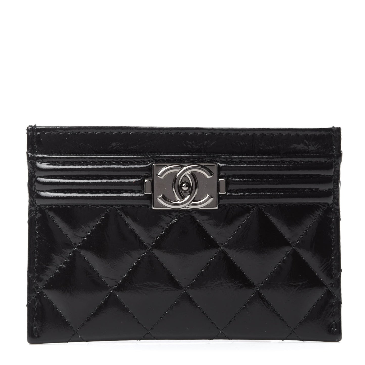 Glazed Calfskin Quilted Boy Card Holder Black