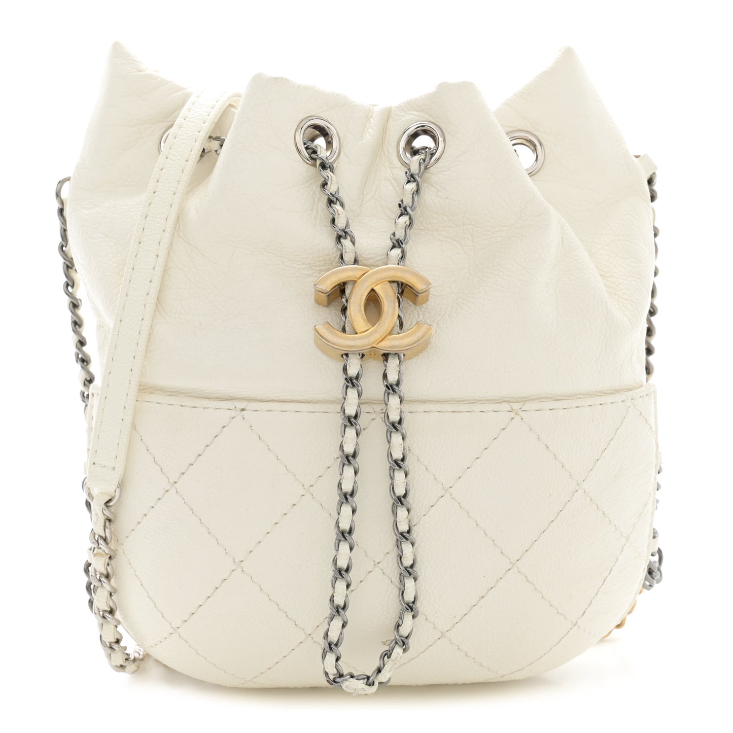 Aged Calfskin Quilted Small Gabrielle Bucket White