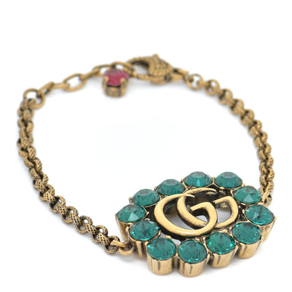 Gucci Oxidized Metal Crystal Double G Bracelet Aged Gold Green 1 of 5
