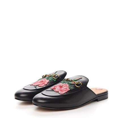 Gucci Calfskin Flower Embroidered Princetown Slippers 39.5 Black 3 of 9