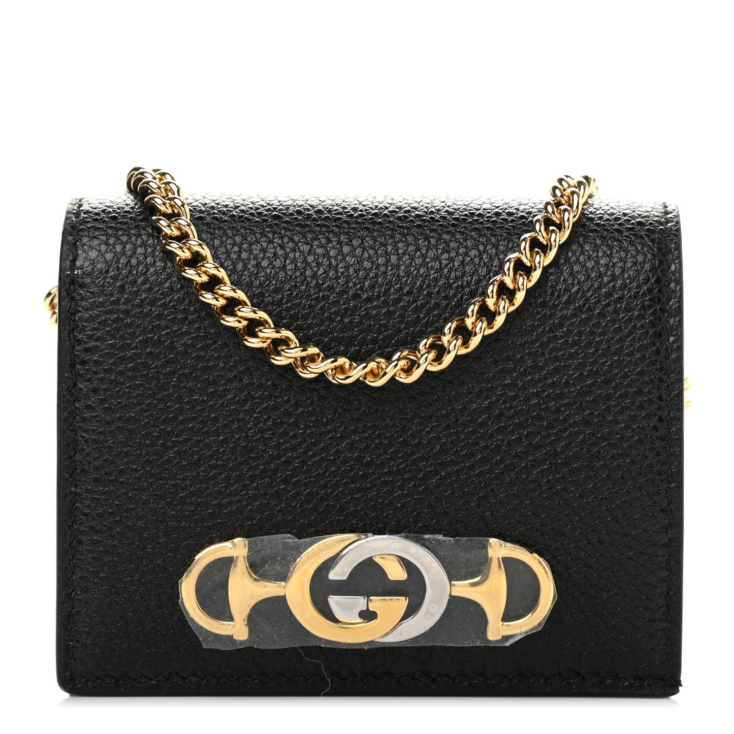 Grainy Calfskin Zumi Chain Card Case Wallet Black