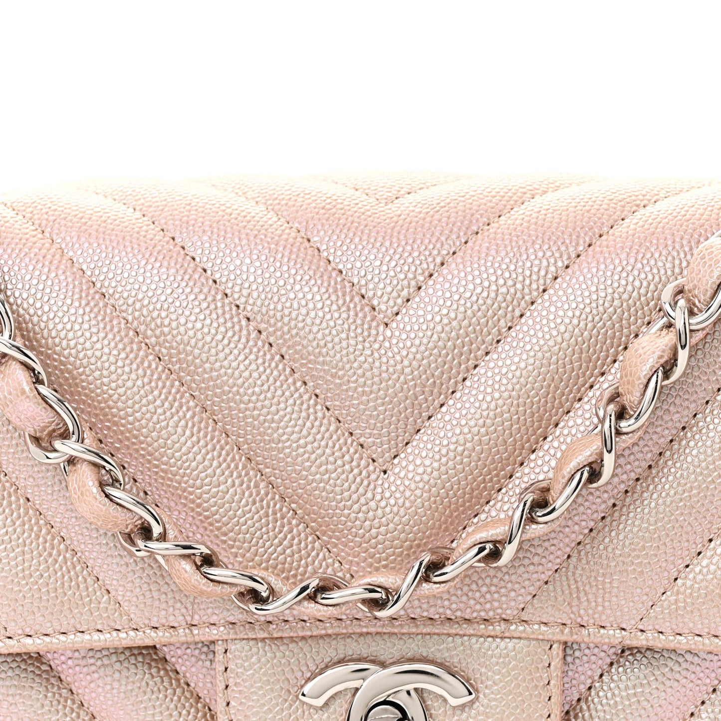Iridescent Caviar Chevron Quilted Mini Rectangular Flap Light Gold