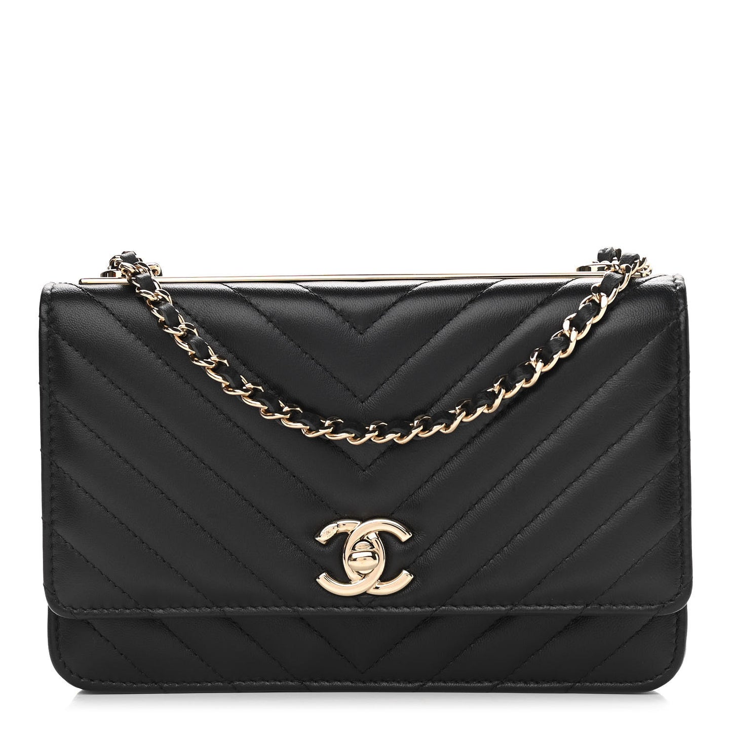 Lambskin Chevron Quilted Trendy CC Wallet On Chain WOC Black