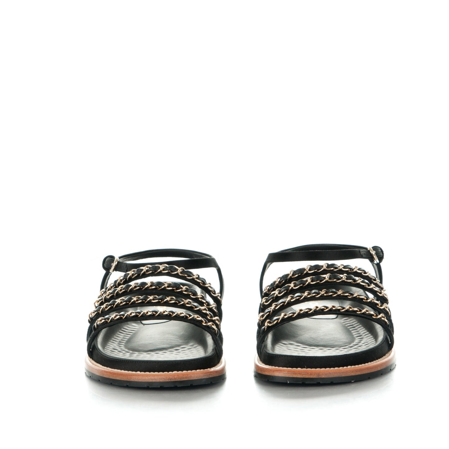 Satin Lambskin Chain Flat Sandals 39 Black