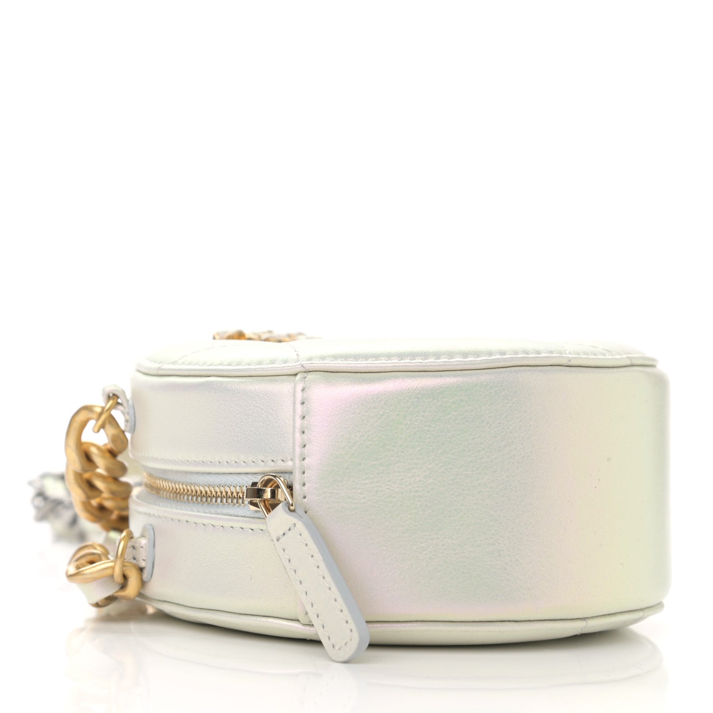 Iridescent Calfskin Quilted Chanel 19 Round Clutch With Chain White