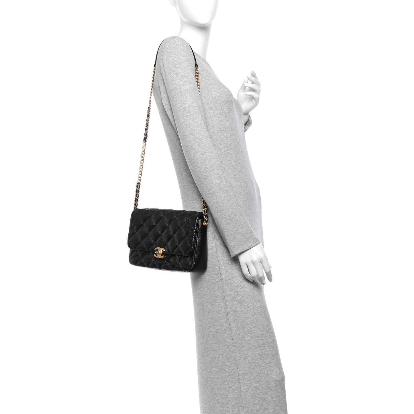 Shiny Caviar Quilted Large Chain Melody Flap Black