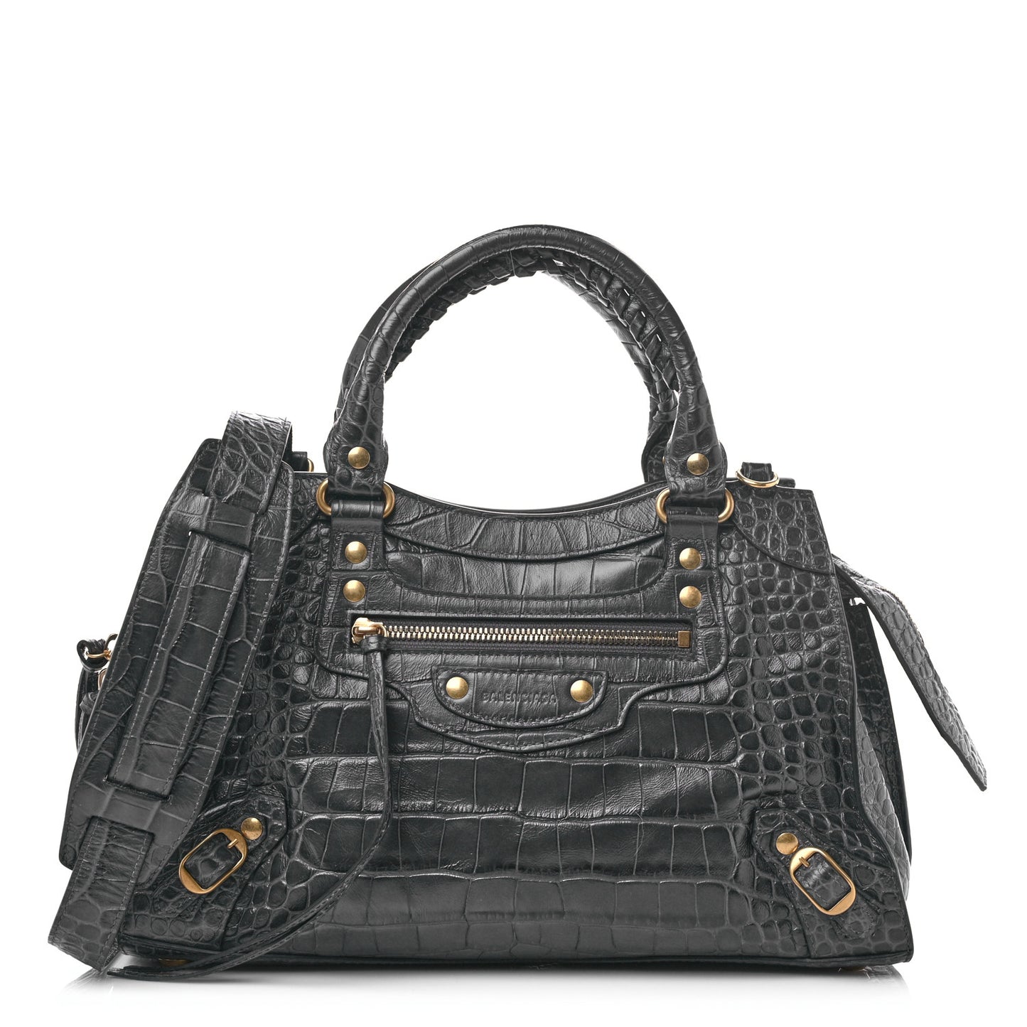Extra Supple Calfskin Crocodile Embossed Neo Classic Gold Hardware S City Dark Grey