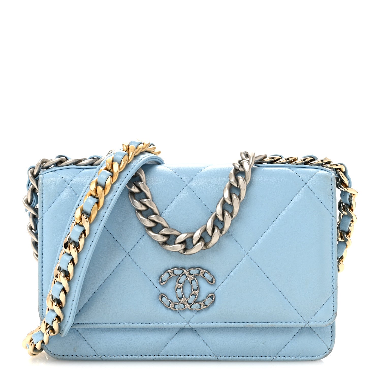 Chanel Lambskin Quilted Chanel 19 Wallet On Chain WOC Light Blue 1 of 15
