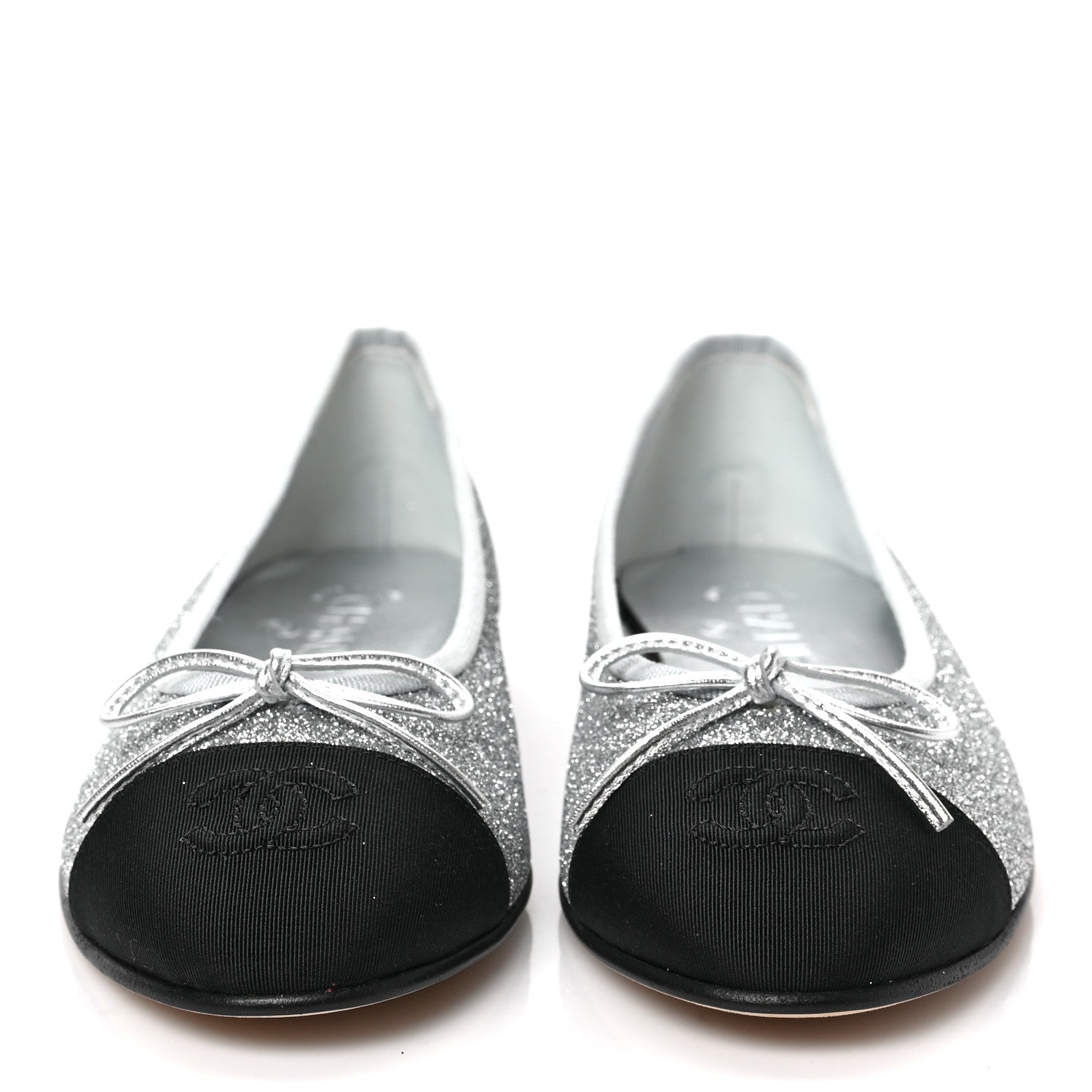 Chanel Glitter Grosgrain Cap Toe CC Ballerina Flats 38 Silver 2 of 9