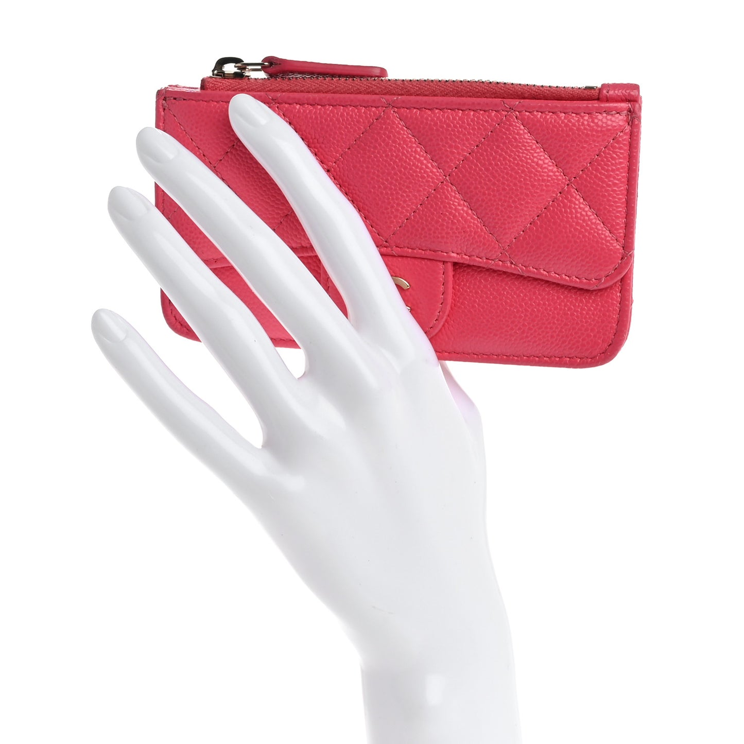 Caviar Quilted Flap Zip Card Holder Dark Pink