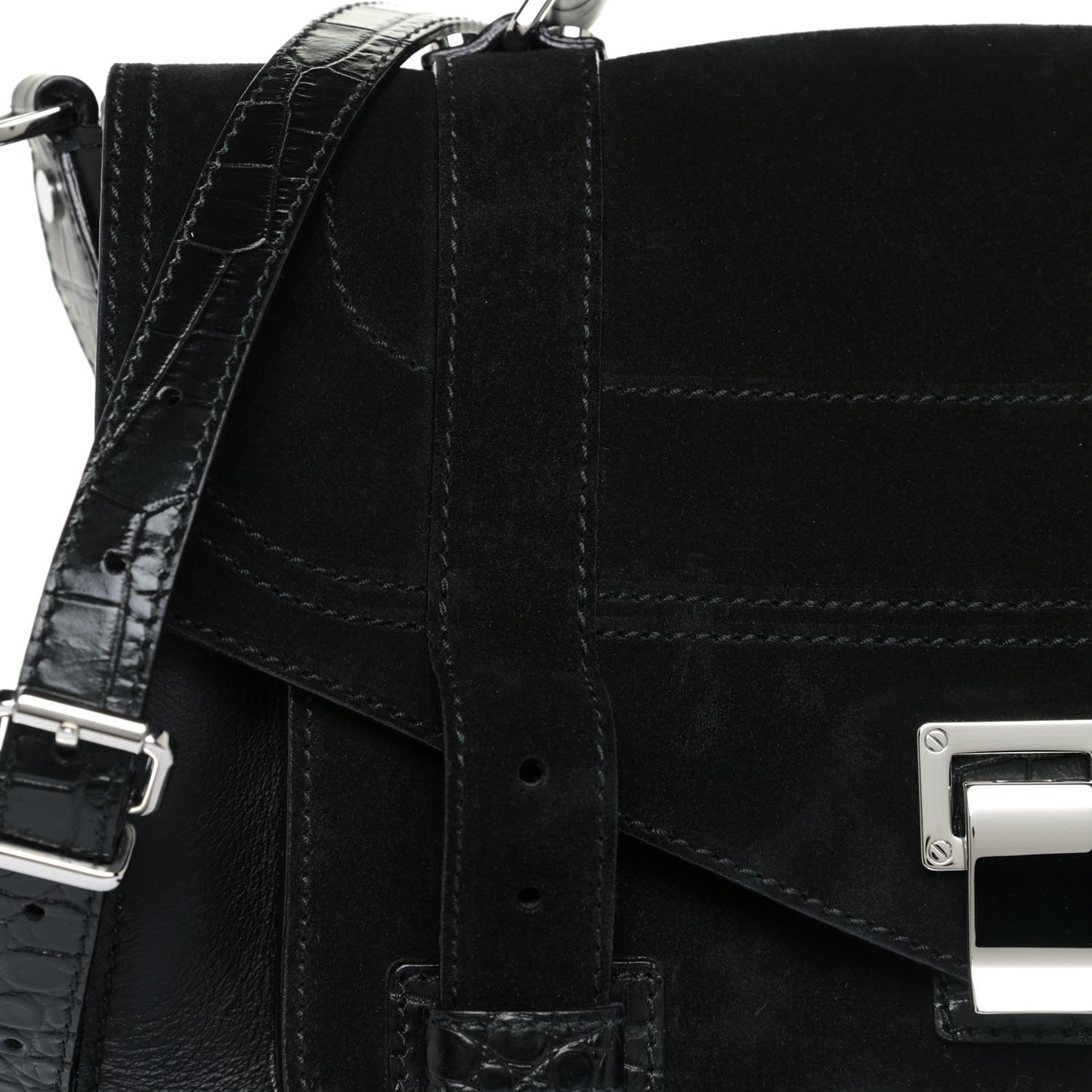 Suede Calfskin Crocodile Embossed Medium PS1 Satchel Black