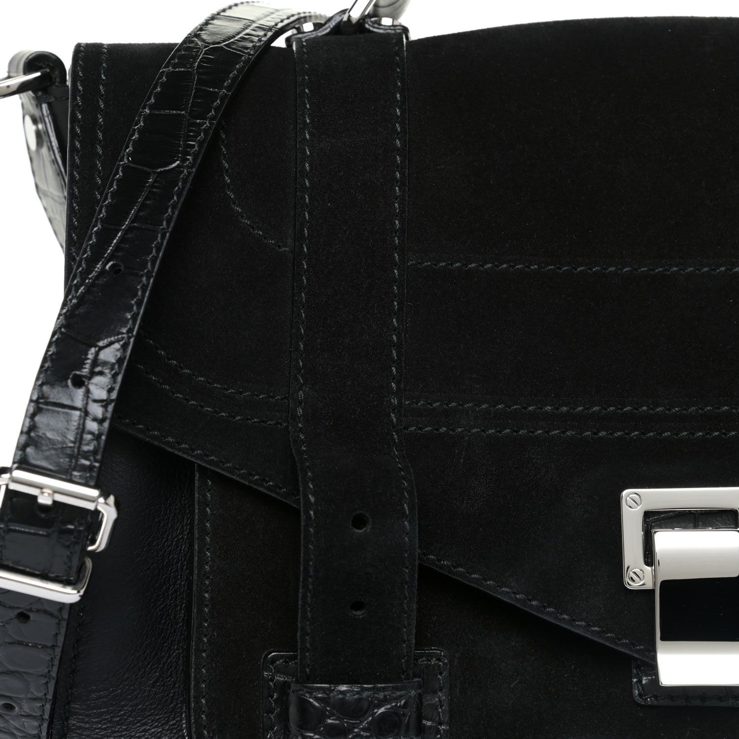 Proenza Schouler Suede Calfskin Crocodile Embossed Medium PS1 Satchel Black 8 of 12