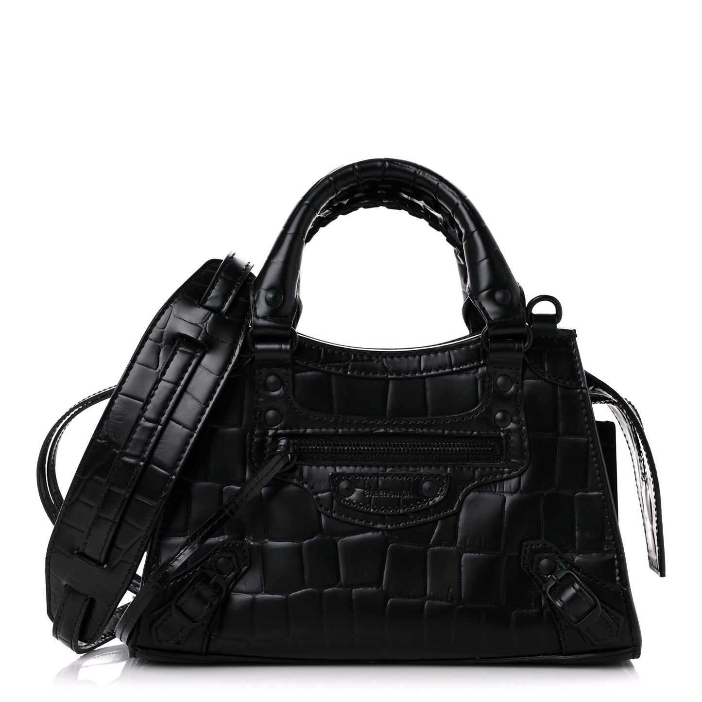 Semi Shiny Calfskin Crocodile Embossed Neo Classic Black Hardware Mini City Black