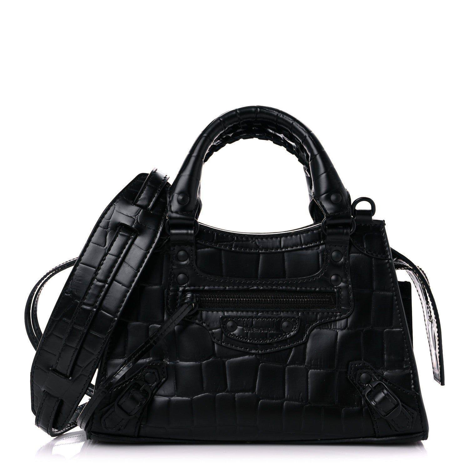 Balenciaga Semi Shiny Calfskin Crocodile Embossed Neo Classic Black Hardware Mini City Black 1 of 14