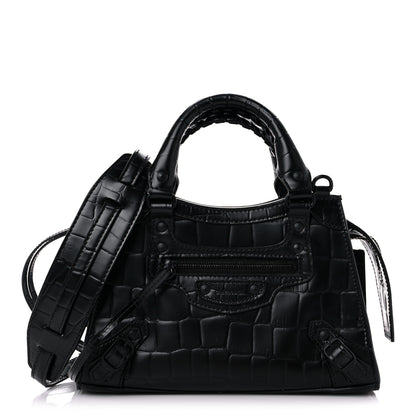 Balenciaga Semi Shiny Calfskin Crocodile Embossed Neo Classic Black Hardware Mini City Black 1 of 14