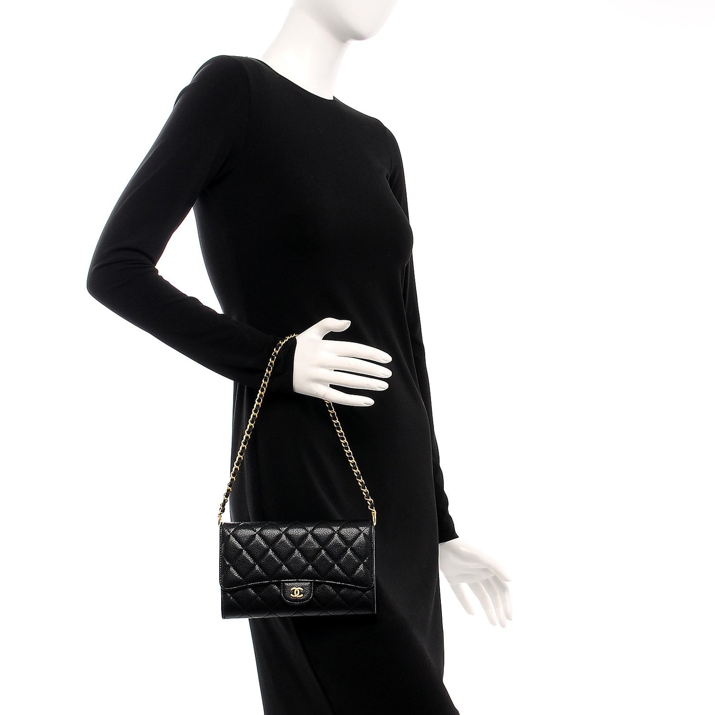 Caviar Quilted Wallet on Removable Chain Black