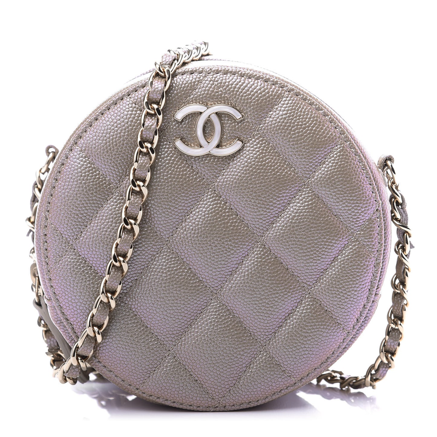 Iridescent Caviar Quilted Round Clutch With Chain Beige