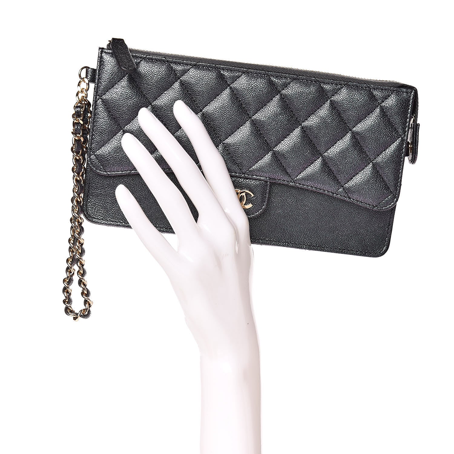 Chanel Iridescent Caviar Quilted Classic Pouch With Handle Black 2 of 10