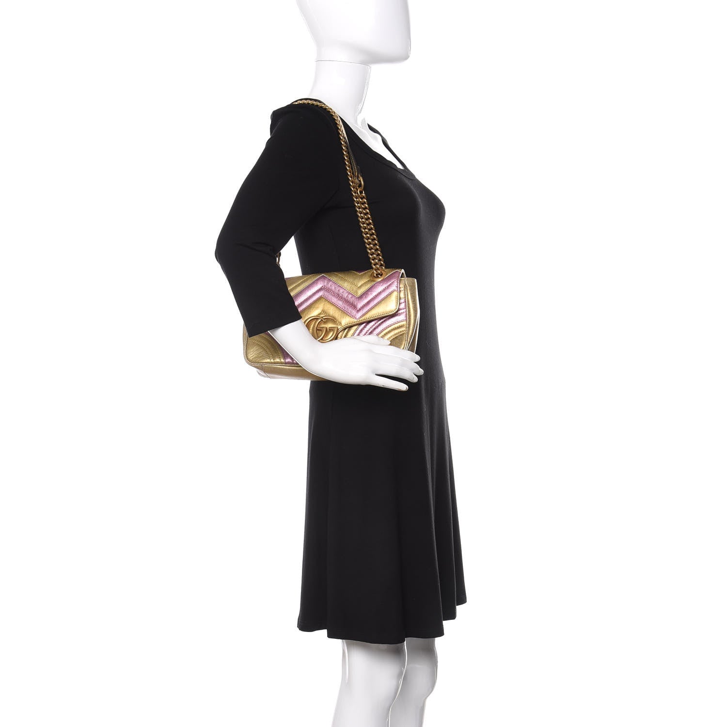 Gucci Metallic Calfskin Matelasse Small GG Marmont Shoulder Bag Gold Pink 2 of 12