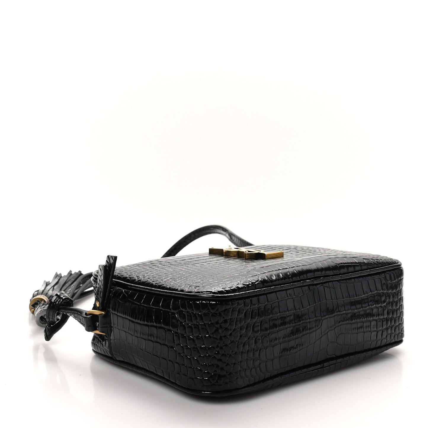 Patent Calfskin Crocodile Embossed Monogram Lou Camera Bag Black