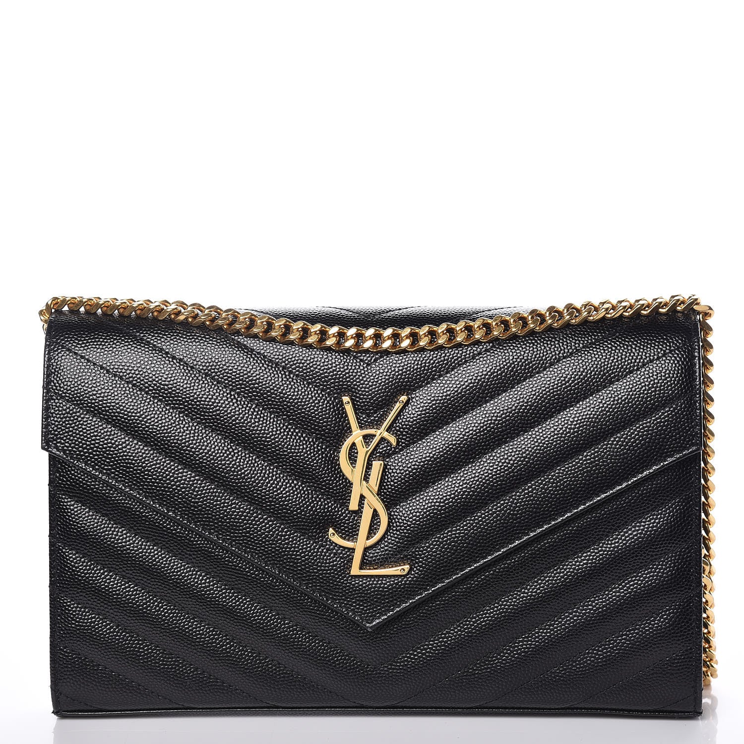 Saint Laurent Grain De Poudre Matelasse Chevron Monogram Chain Wallet Black 1 of 17
