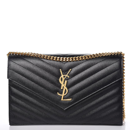 Saint Laurent Grain De Poudre Matelasse Chevron Monogram Chain Wallet Black 1 of 17