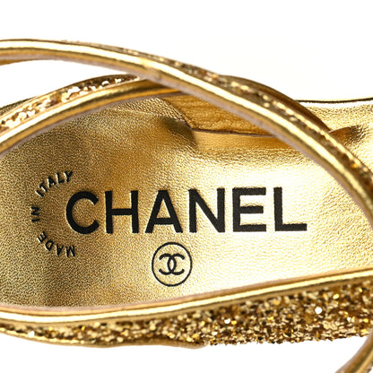 Chanel Glitter Grosgrain Cap Toe CC Ankle Wrap Pumps 38 Gold Black 7 of 8
