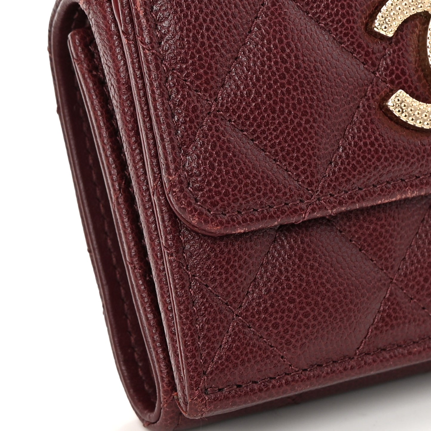 Caviar Quilted Studded CC Double Flap Wallet Burgundy