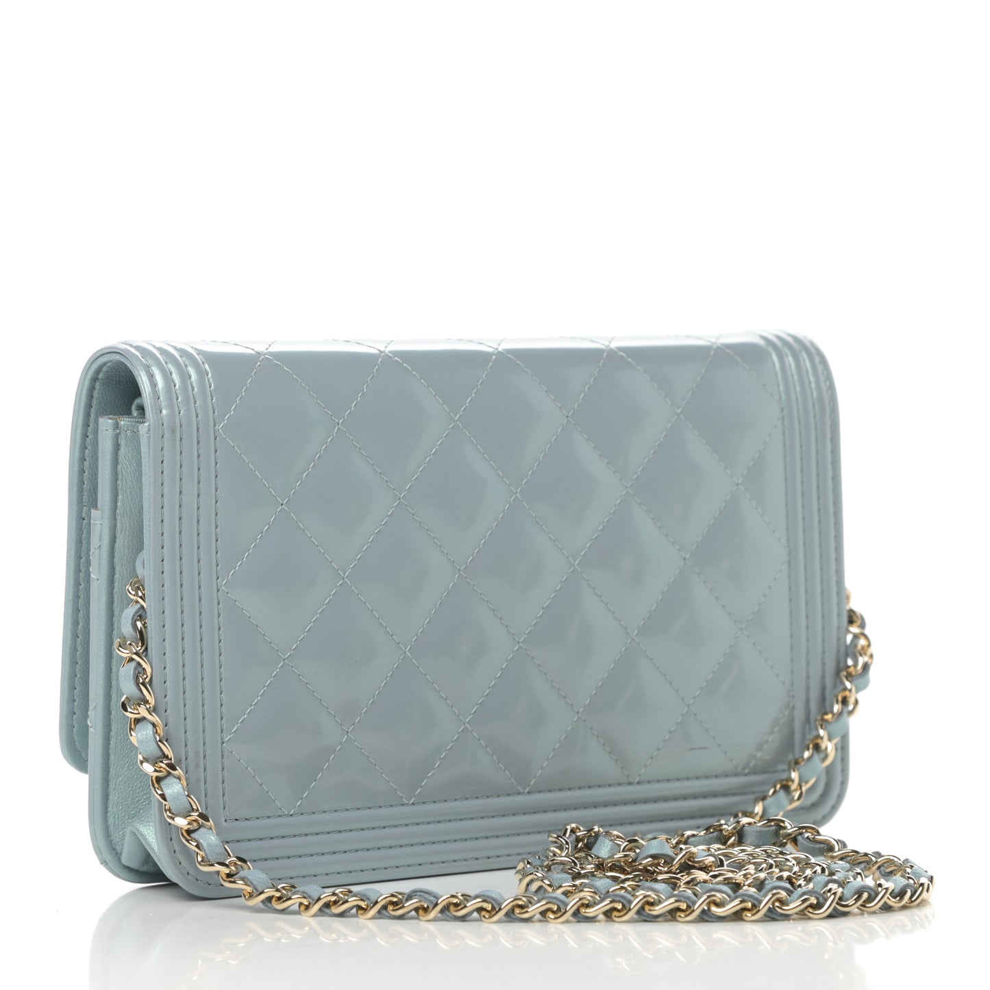 Metallic Patent Calfskin Quilted Boy Wallet on Chain WOC Light Blue