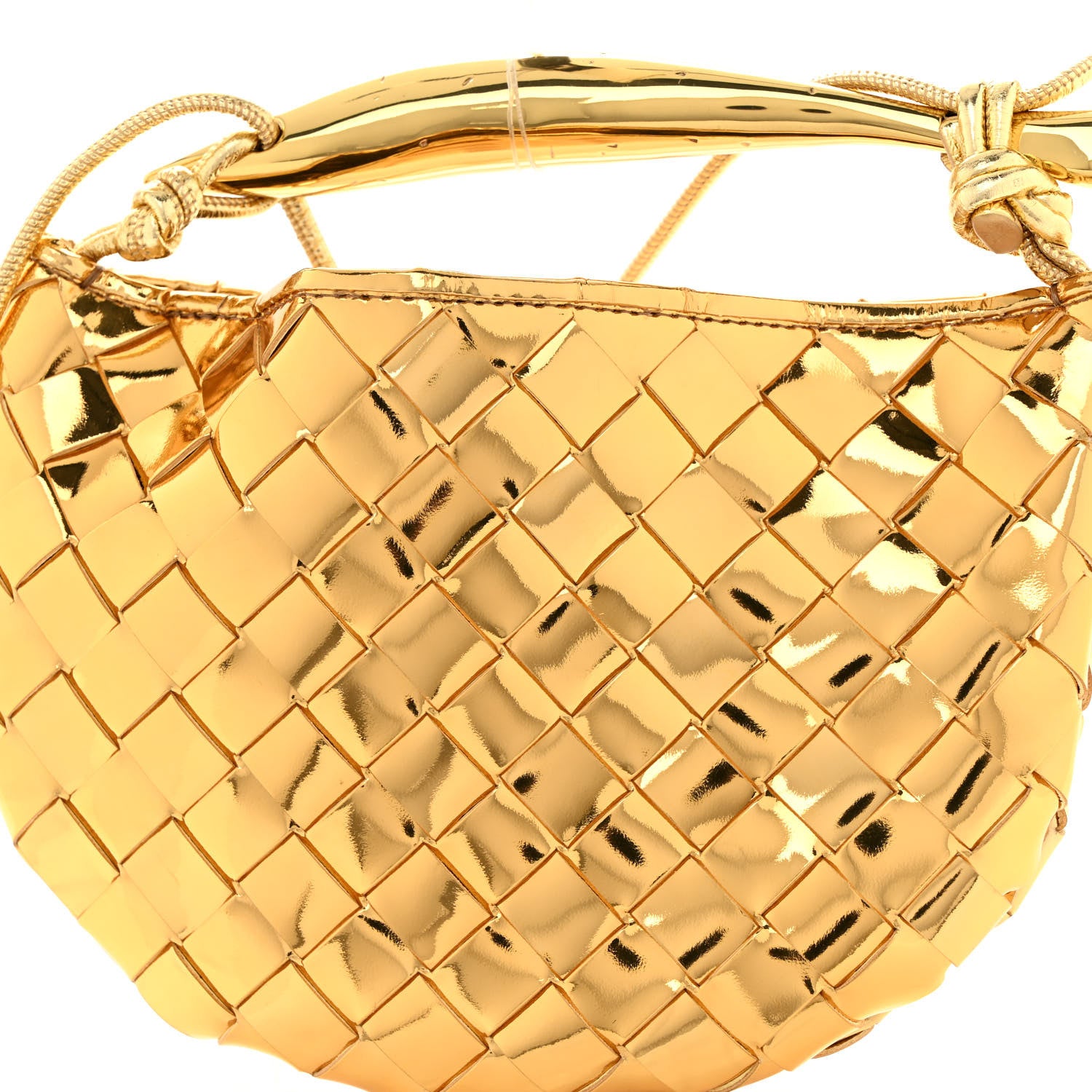 BOTTEGAイエロー 編み込みデザイン バッグ フリンジ付き Bottega Veneta Mirror Laminated Nappa Intrecciato Mini Sardine Bag