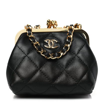 Chanel Lambskin Quilted Trio Kiss Lock Clutch With Chain Black 1 of 12