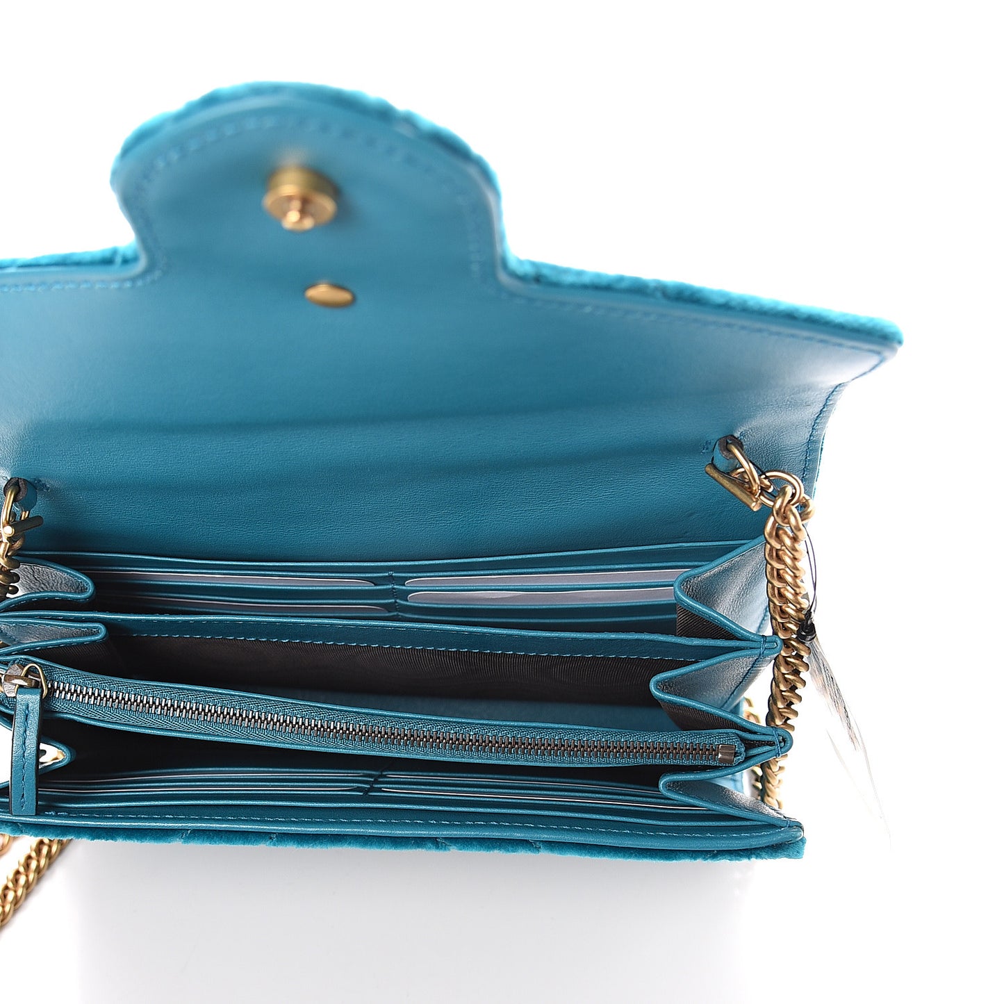Velvet Matelasse GG Marmont Chain Wallet Pavone Cyan