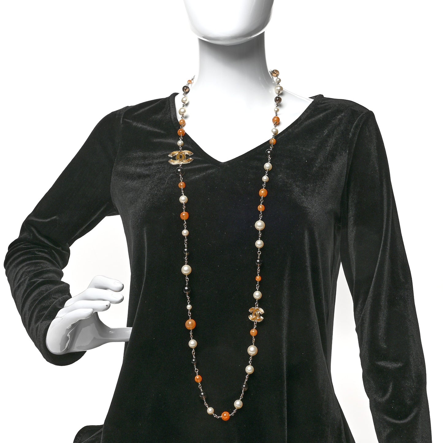 Enamel Bead Pearl CC Long Necklace Brown Gold