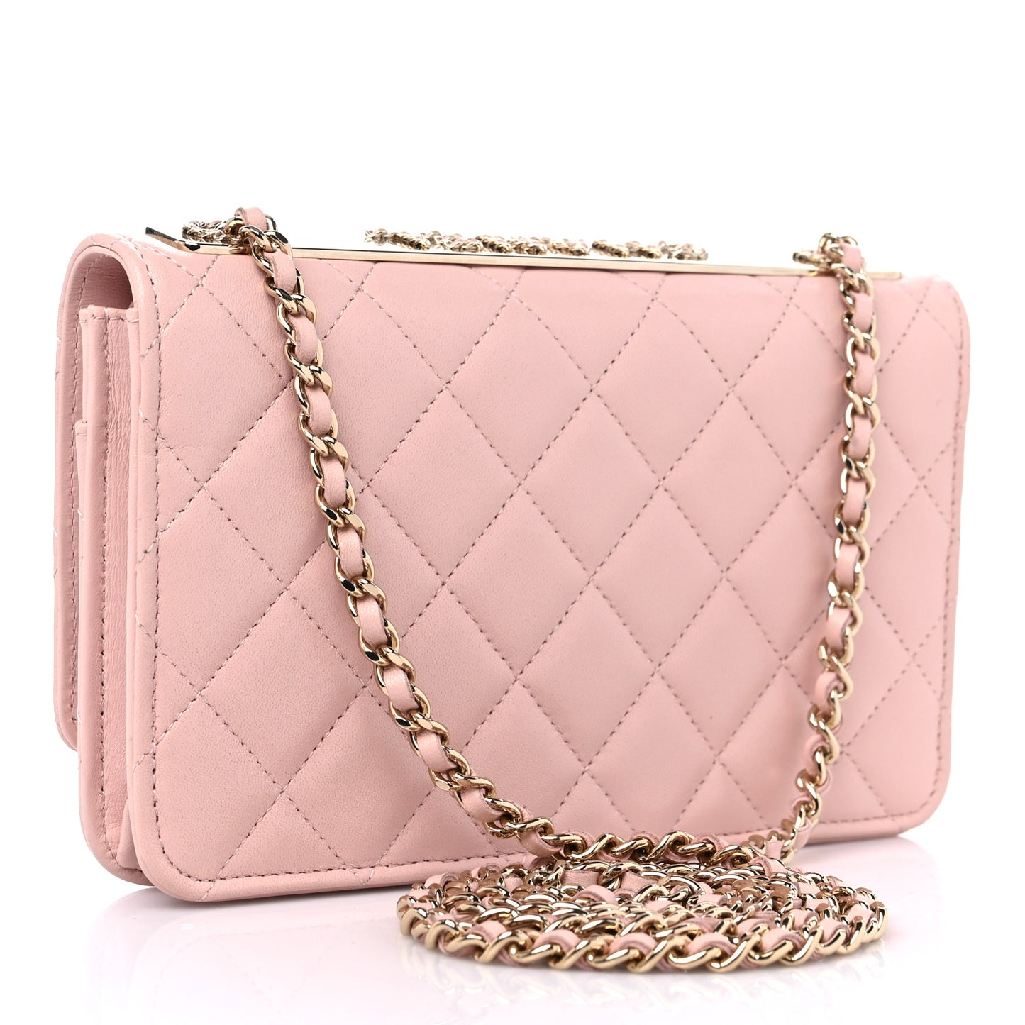 Lambskin Quilted Trendy Chain CC Wallet On Chain WOC Light Pink