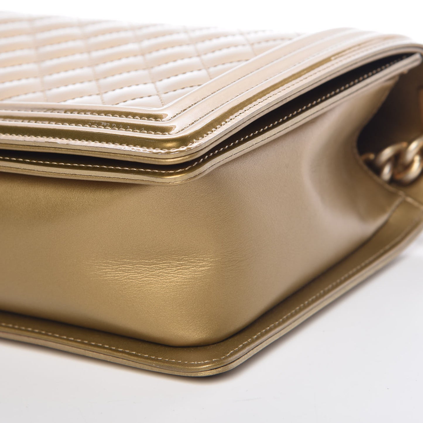 Metallic Patent Calfskin Quilted New Medium Boy Flap Gold
