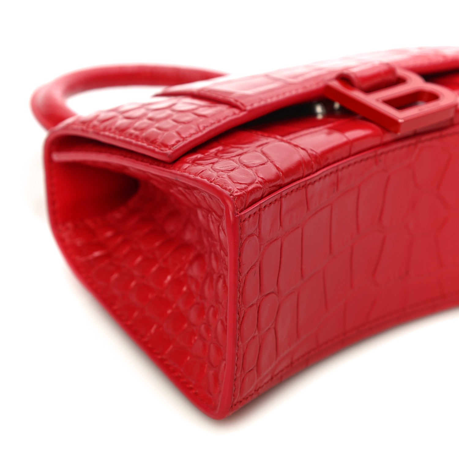 Balenciaga Shiny Calfskin Tonal B Crocodile Embossed Hourglass Top Handle Bag XS Bright Red 5 of 10