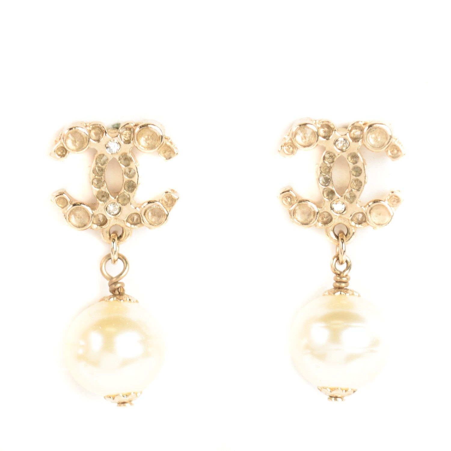 Chanel Crystal CC Pearl Drop Earrings Gold 1 of 5