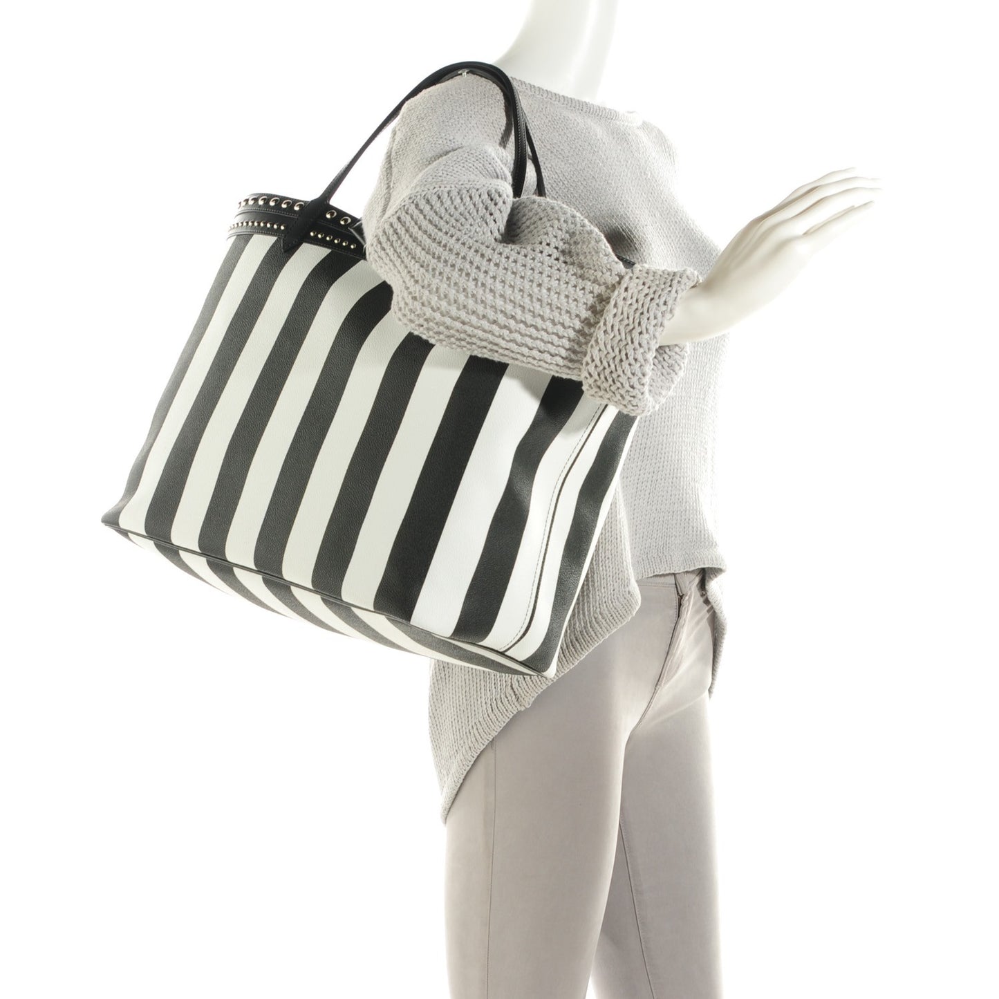 Coated Canvas Striped Large Antigona Tote Black White