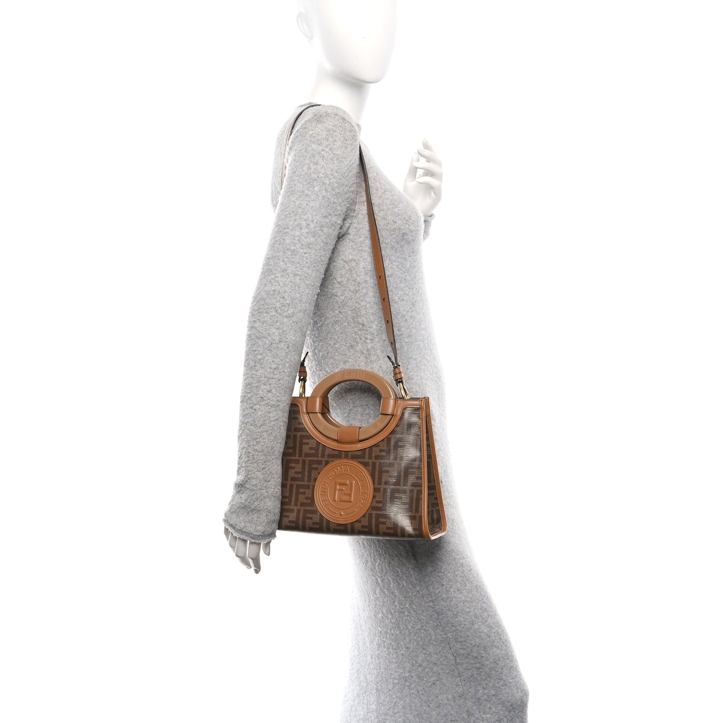 Glazed Fabric Vitello Century Plexiglass FF 1974 Stamp Patch Small Runaway Shopper Tote Mogano Panna Nocciola