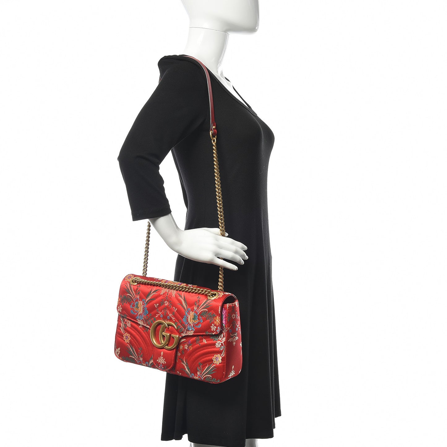 Jacquard Matelasse Floral Medium GG Marmont Shoulder Bag Red