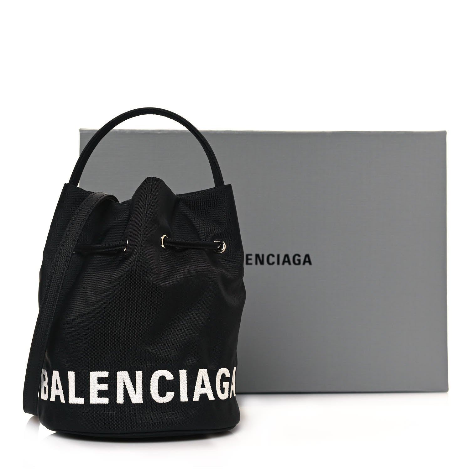 Balenciaga Recycled Sport Nylon Logo Embroidered Wheel Drawstring Bucket Bag XS Black 10 of 10