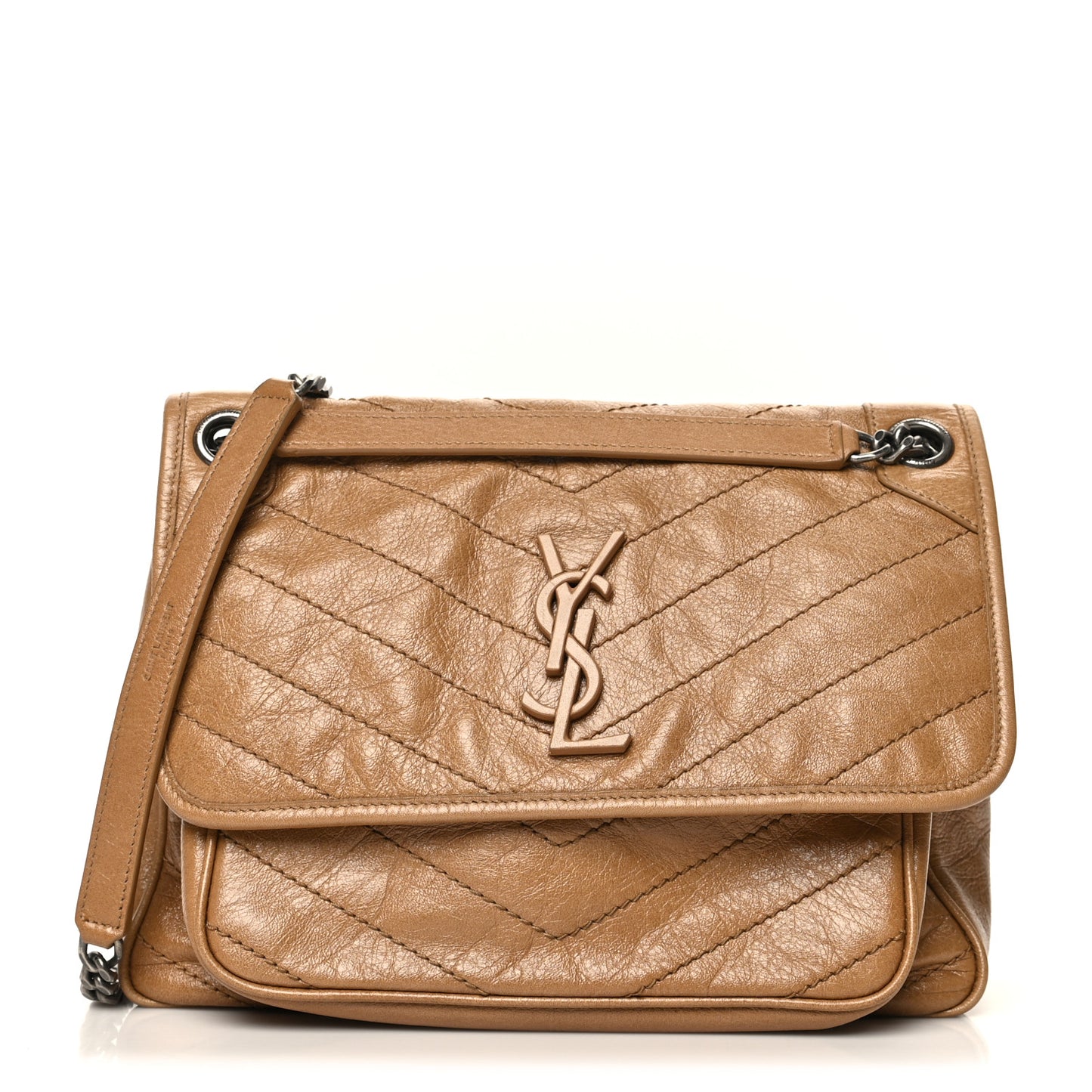 Crinkled Calfskin Matelasse Monogram Medium Niki Chain Satchel Natural Tan