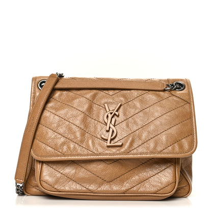 Saint Laurent Crinkled Calfskin Matelasse Monogram Medium Niki Chain Satchel Natural Tan 1 of 6