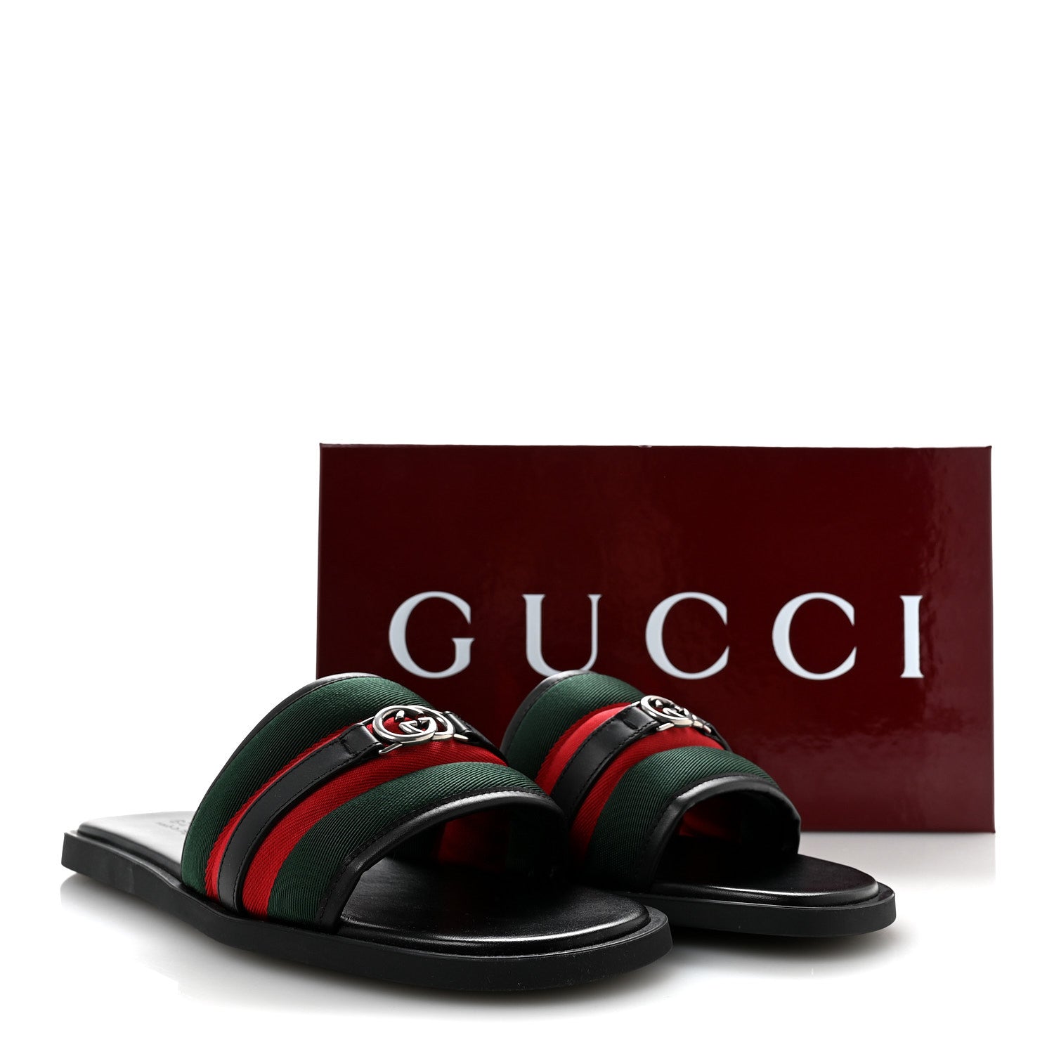 Gucci Nylon Calfskin Web Interlocking G Maverik Slide Sandals 12 Black Green Red 9 of 9