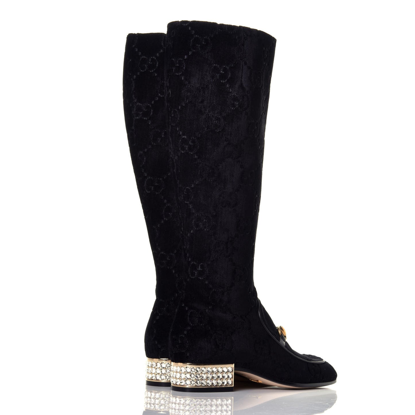 Velvet GG Monogram Crystal Horsebit Knee High Boots 35 Black